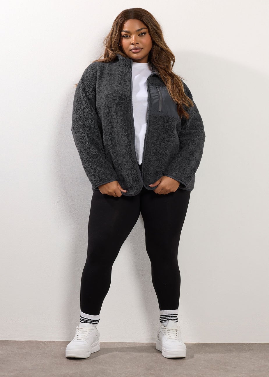 Yours Curve Grey Pocket Teddy Fleece Jacket