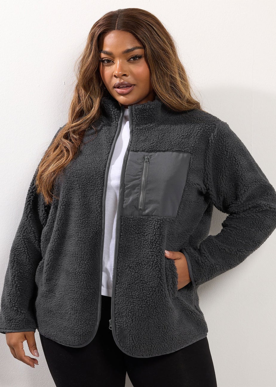 Yours Curve Grey Pocket Teddy Fleece Jacket
