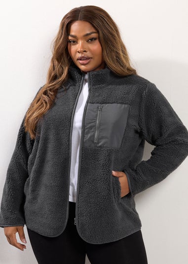 Yours Curve Grey Pocket Teddy Fleece Jacket