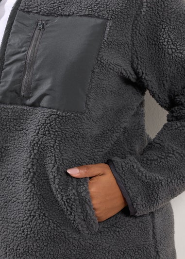 Yours Curve Grey Pocket Teddy Fleece Jacket