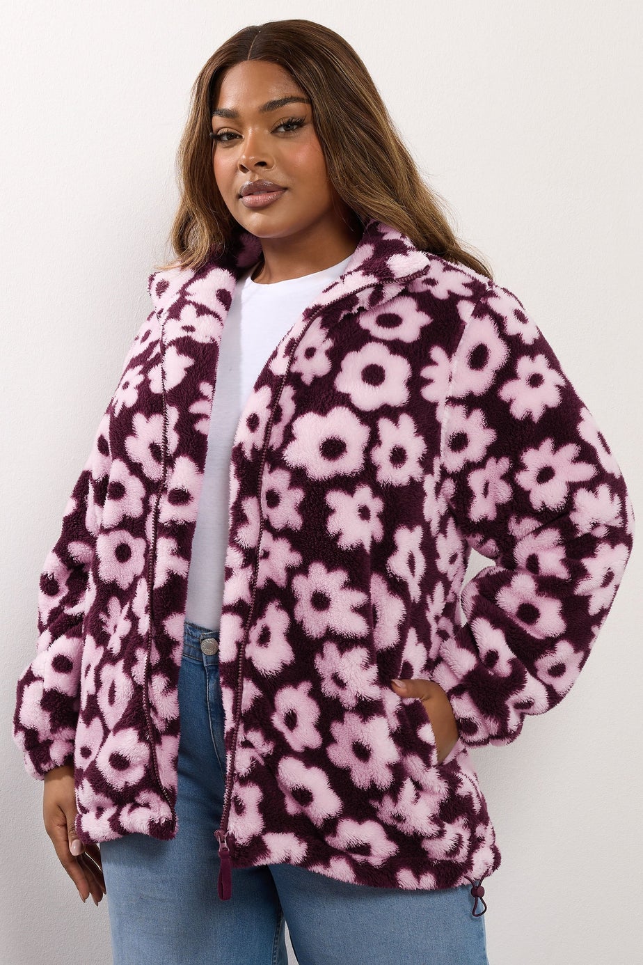 Yours Curve Burgundy Red Floral Zip Through Fleece Jacket