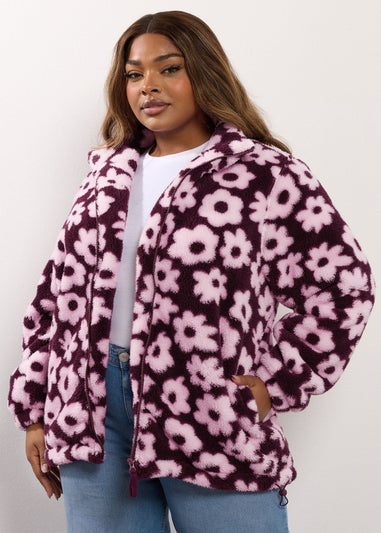 Yours Curve Burgundy Red Floral Zip Through Fleece Jacket