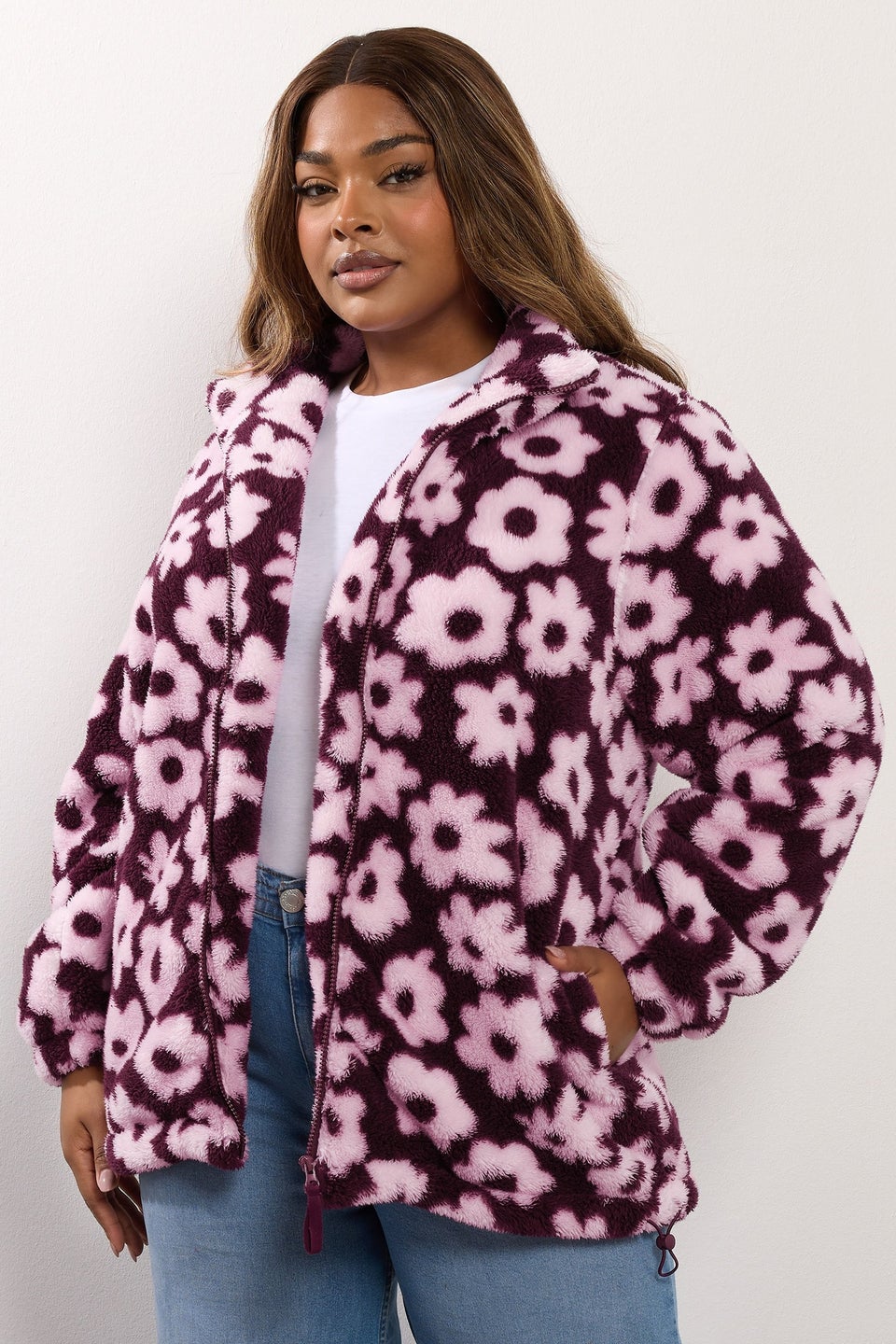 Yours Curve Burgundy Red Floral Zip Through Fleece Jacket