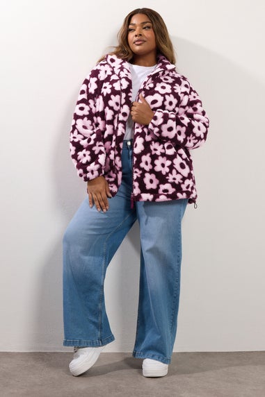 Yours Curve Burgundy Red Floral Zip Through Fleece Jacket