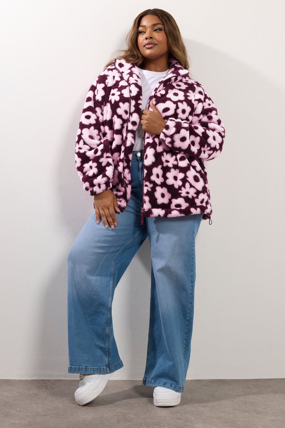 Yours Curve Burgundy Red Floral Zip Through Fleece Jacket