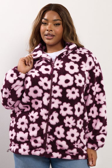 Yours Curve Burgundy Red Floral Zip Through Fleece Jacket