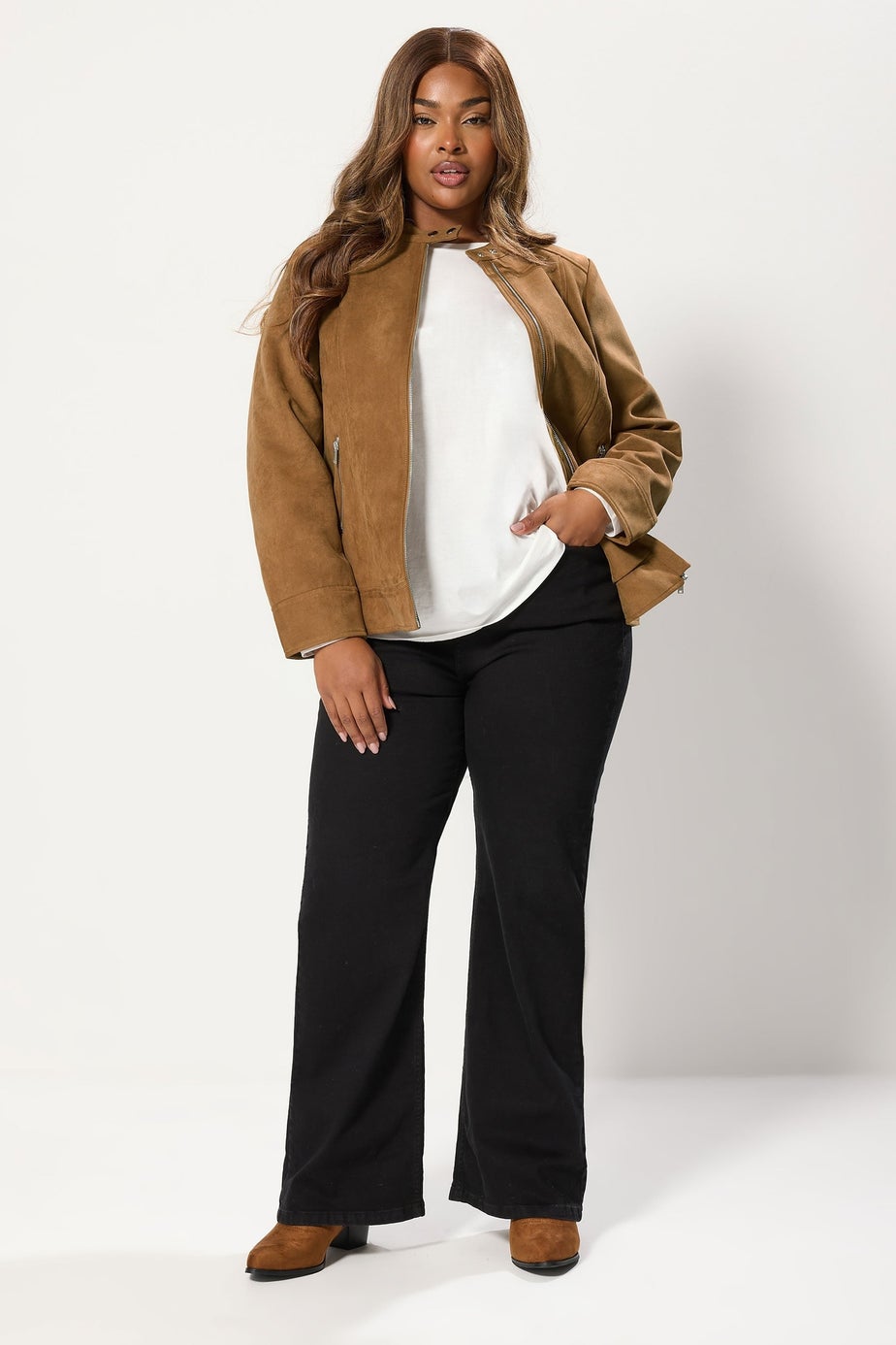 Yours Curve Brown Faux Suede Bomber Jacket