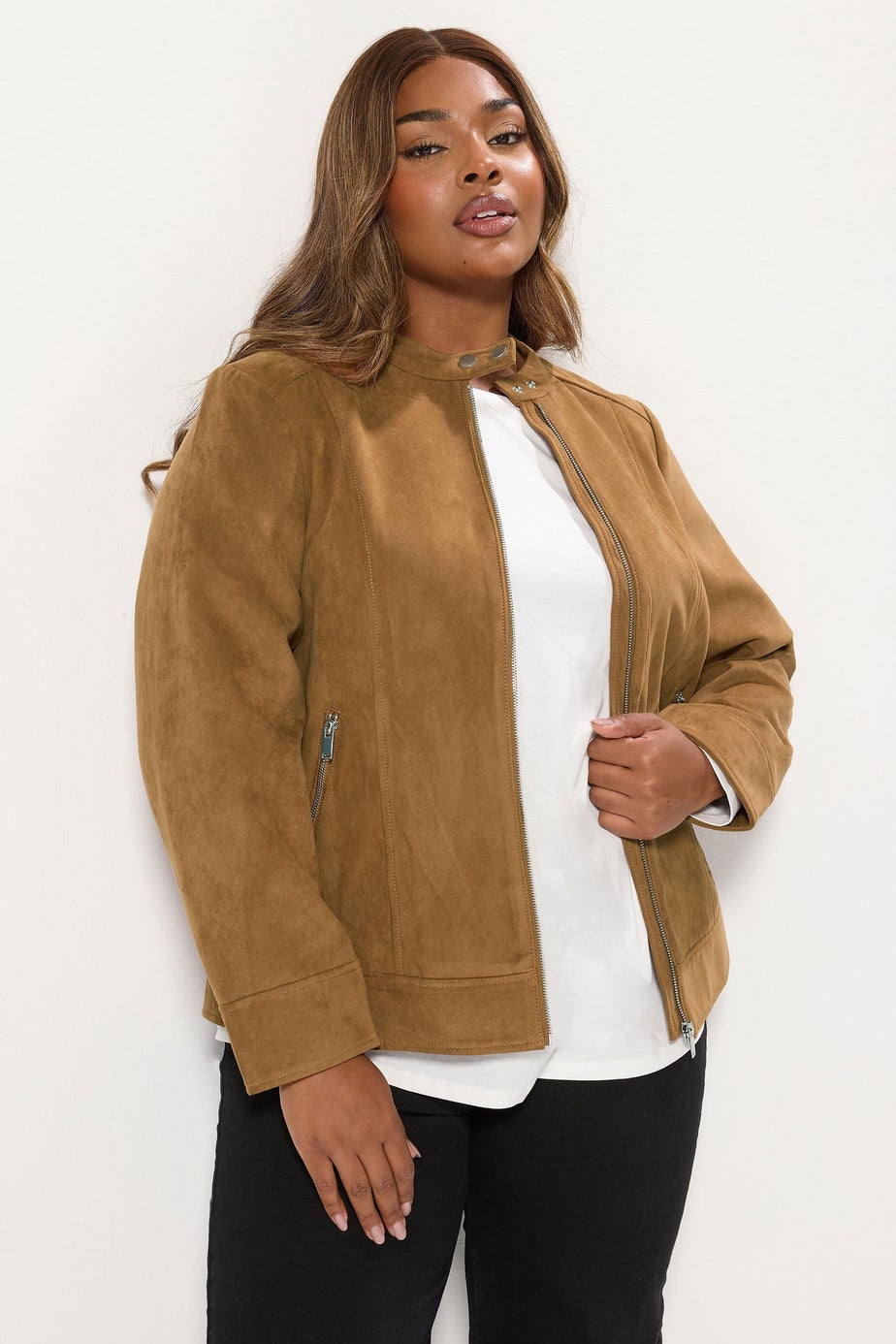 Yours Curve Brown Faux Suede Bomber Jacket