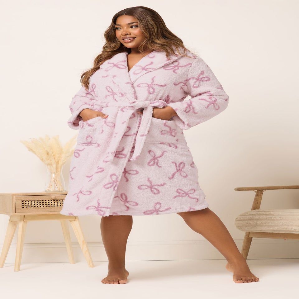 Yours Pink Bow Shawl Collar Fluffy Dressing Gown