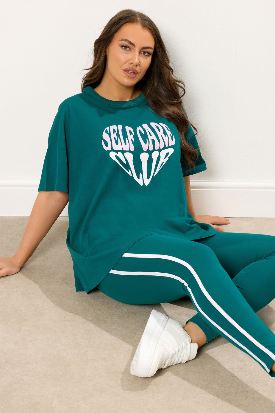 Yours Curve Green 'Self Care' Slogan T-Shirt