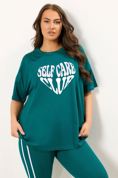 Yours Curve Green 'Self Care' Slogan T-Shirt