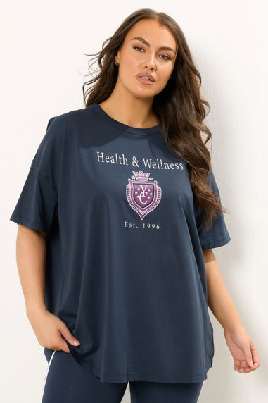 Yours Curve Navy Blue 'Health & Wellness' Slogan T-Shirt