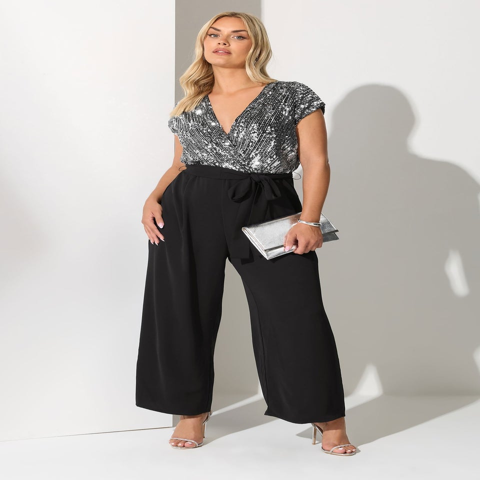 Yours London Curve Black & Silver Wrap Front Sequin Jumpsuit