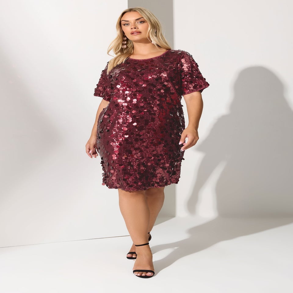 Yours London Curve Burgundy Red Sequin T-Shirt Dress