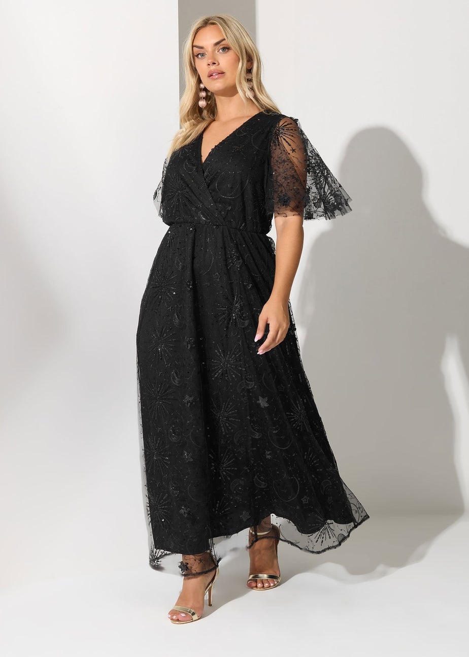 Yours London Curve Black Celestial Sequin Wrap Maxi Dress