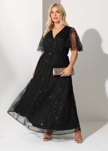 Yours London Curve Black Celestial Sequin Wrap Maxi Dress