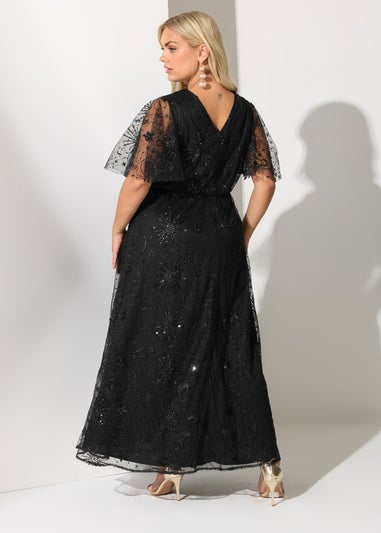 Yours London Curve Black Celestial Sequin Wrap Maxi Dress