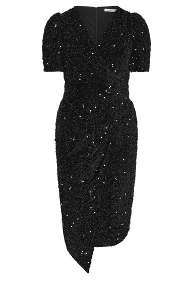 Yours London Curve Black Sequin Velvet Wrap Dress