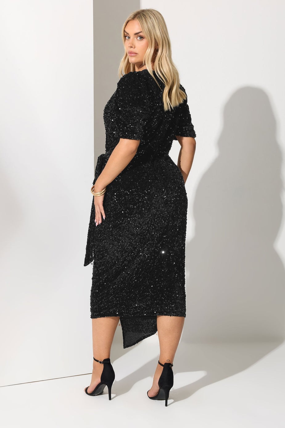 Yours London Curve Black Sequin Velvet Wrap Dress