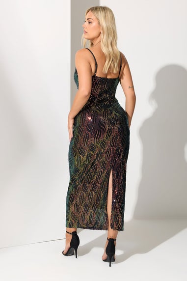 Yours London Curve Black Abstract Sequin Cowl Neck Dress