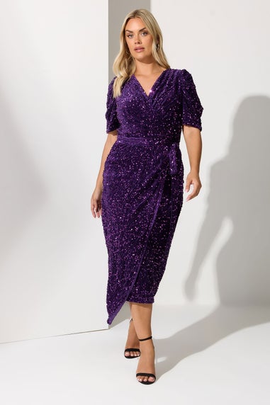 Yours London Curve Purple Sequin Velvet Wrap Dress