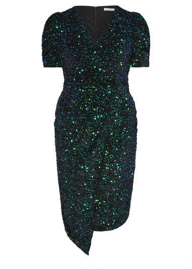 Yours London Curve Black & Green Sequin Velvet Wrap Dress