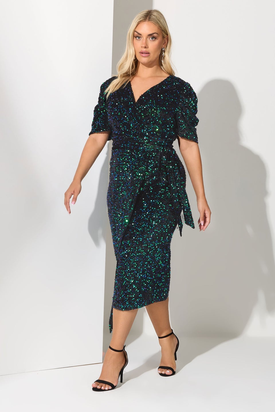 Yours London Curve Black & Green Sequin Velvet Wrap Dress