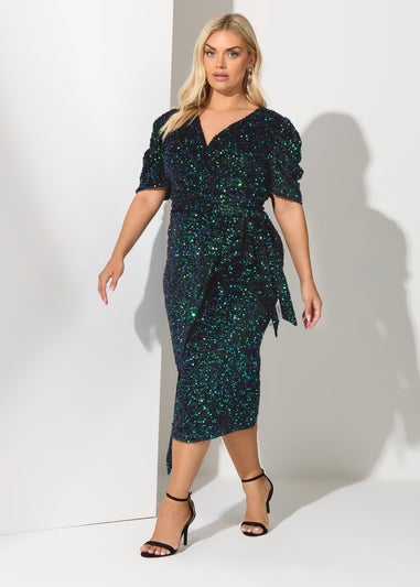 Yours London Curve Black & Green Sequin Velvet Wrap Dress