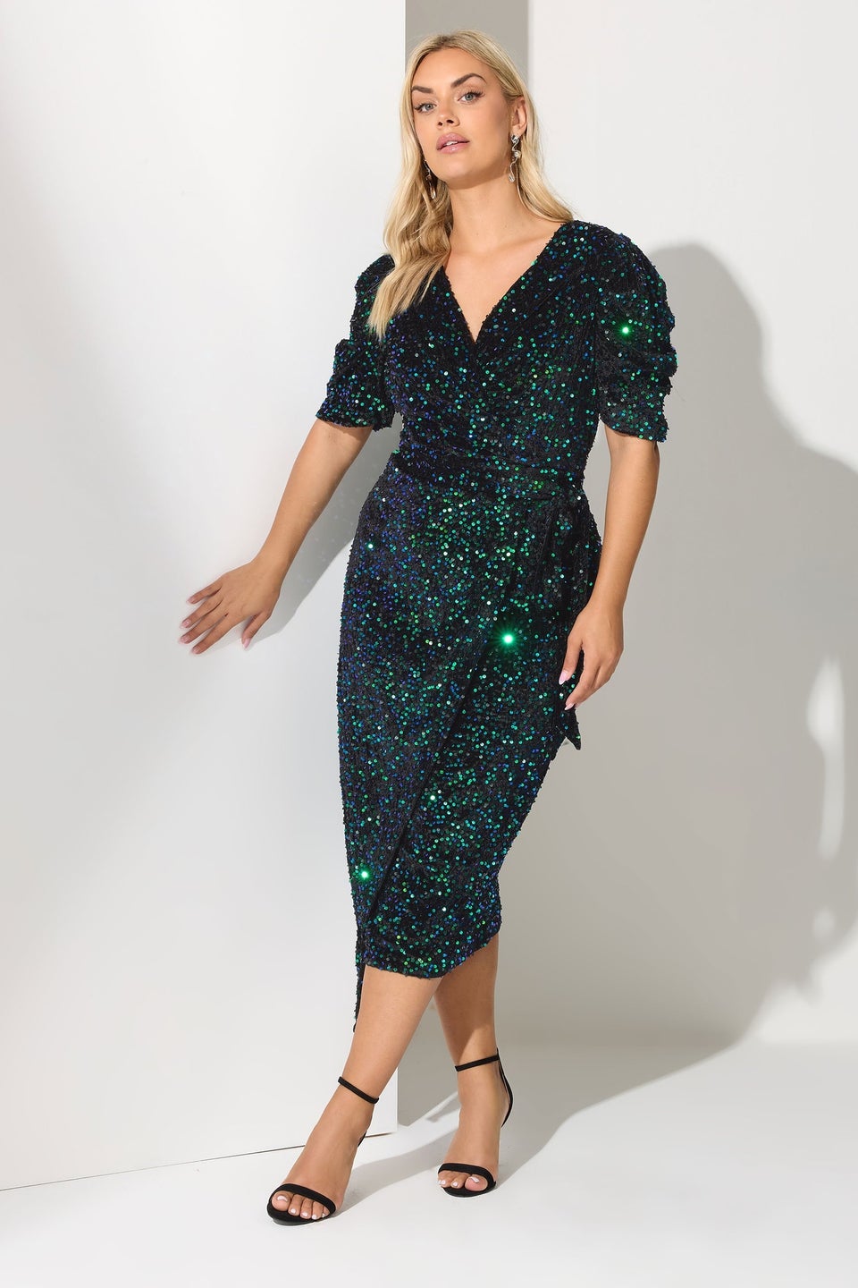 Yours London Curve Black & Green Sequin Velvet Wrap Dress