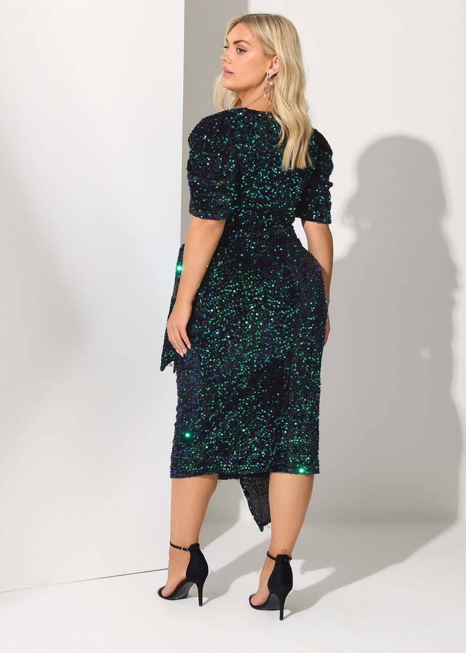 Yours London Curve Black & Green Sequin Velvet Wrap Dress