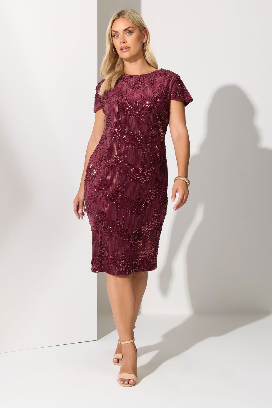 Yours London Curve Wine Red Velvet Sequin Shift Dress