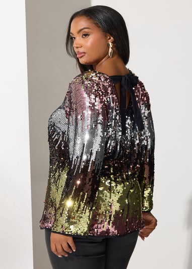 Yours London Curve Pink Bow Back Ombre Sequin Top