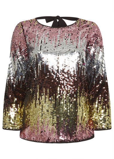 Yours London Curve Pink Bow Back Ombre Sequin Top