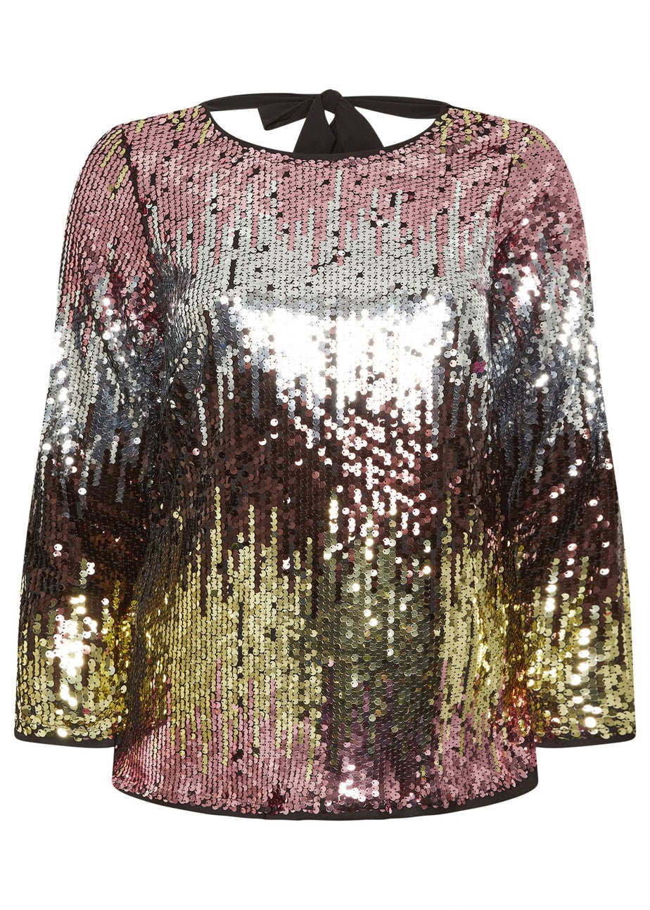 Yours London Curve Pink Bow Back Ombre Sequin Top