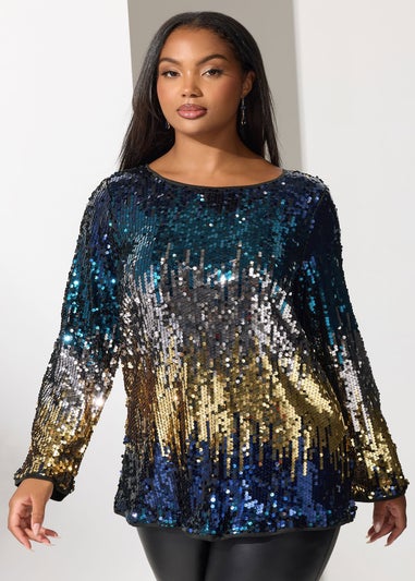 Yours London Curve Blue Bow Back Ombre Sequin Top