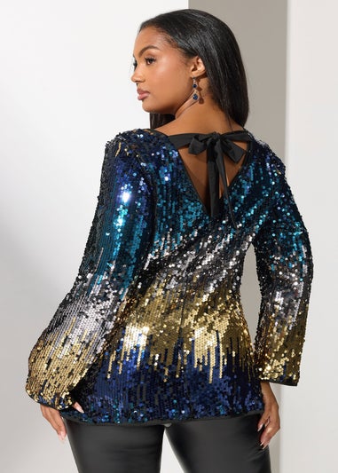 Yours London Curve Blue Bow Back Ombre Sequin Top