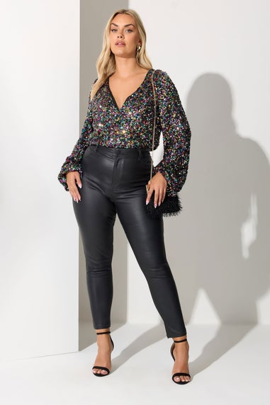 Yours London Curve Black Rainbow Sequin Wrap Bodysuit