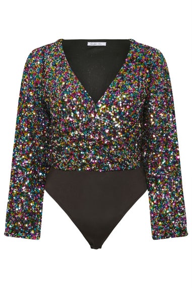 Yours London Curve Black Rainbow Sequin Wrap Bodysuit