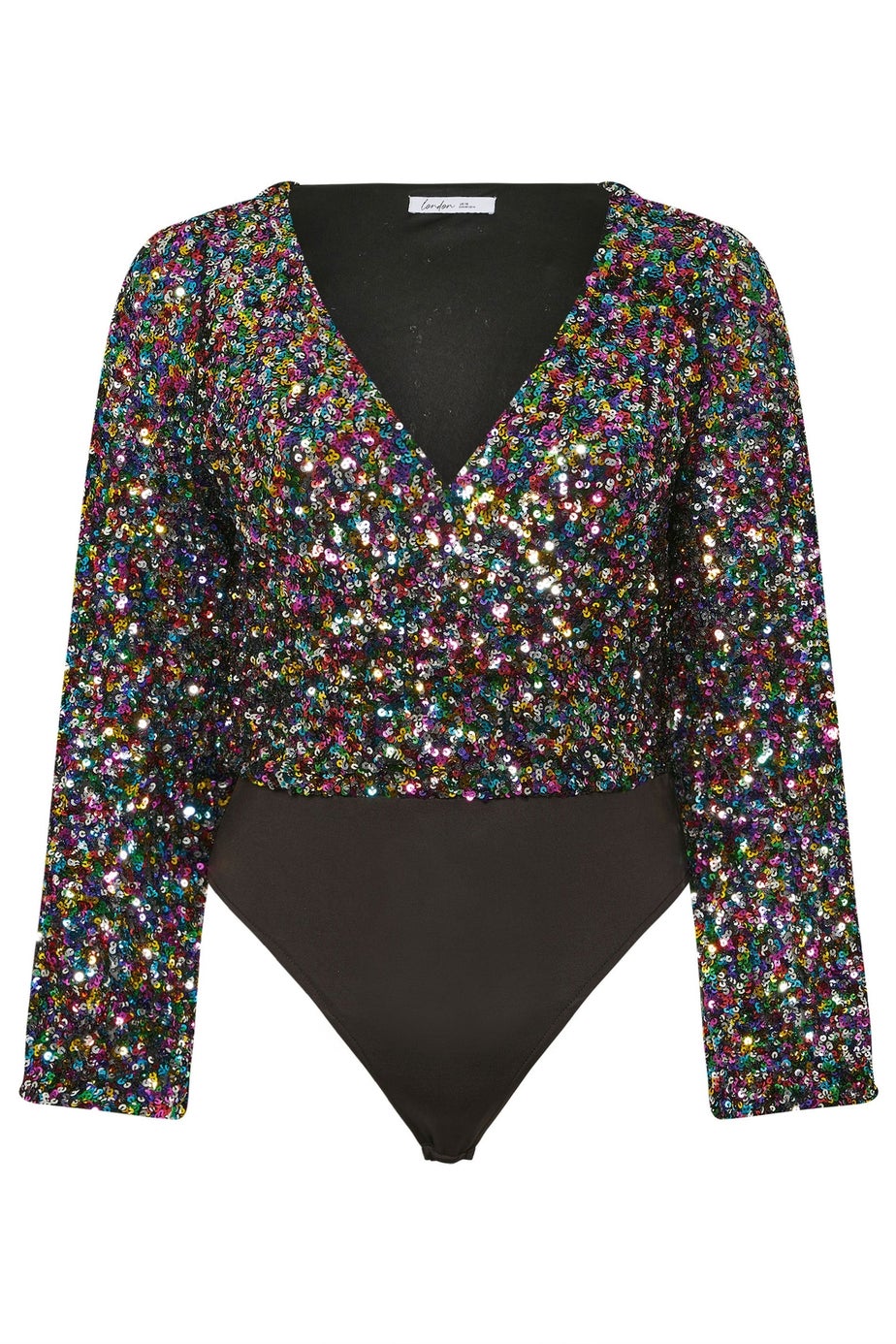 Yours London Curve Black Rainbow Sequin Wrap Bodysuit