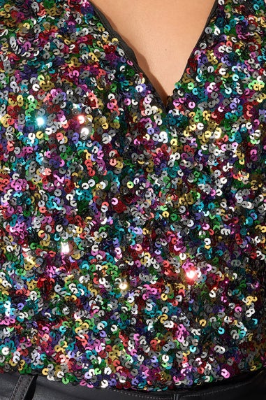 Yours London Curve Black Rainbow Sequin Wrap Bodysuit