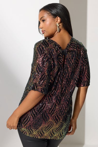 Yours London Curve Black Abstract Sequin Bow Back Top