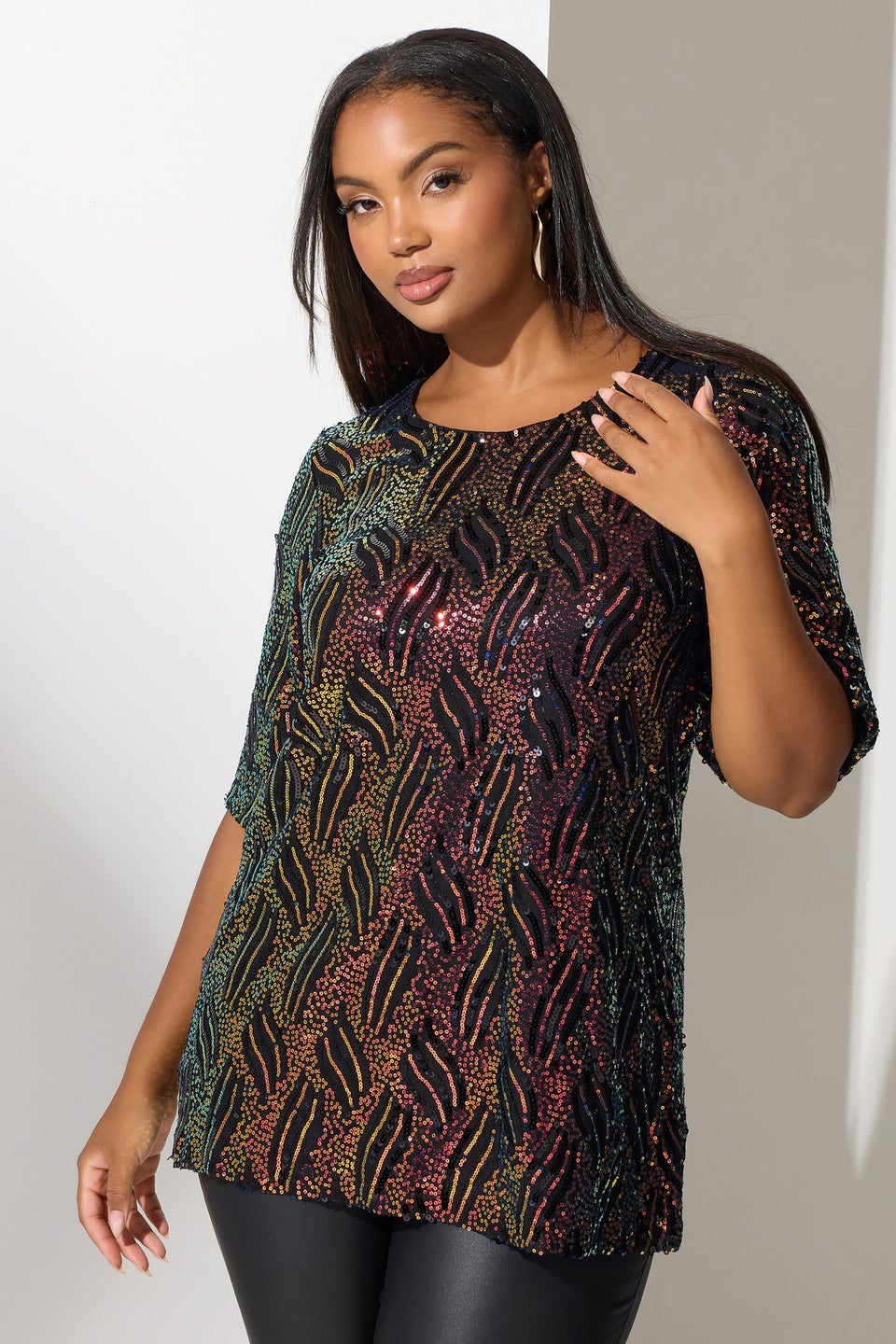 Yours London Curve Black Abstract Sequin Bow Back Top