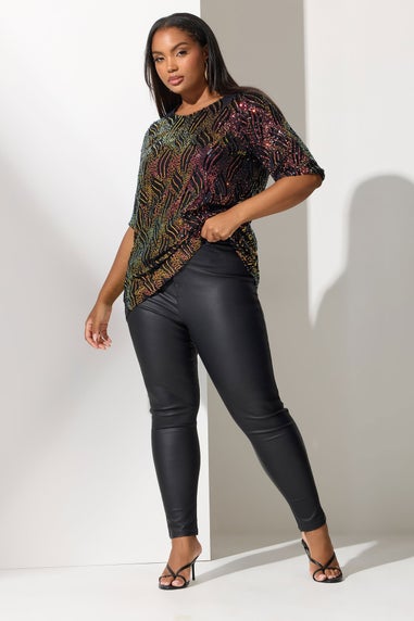 Yours London Curve Black Abstract Sequin Bow Back Top