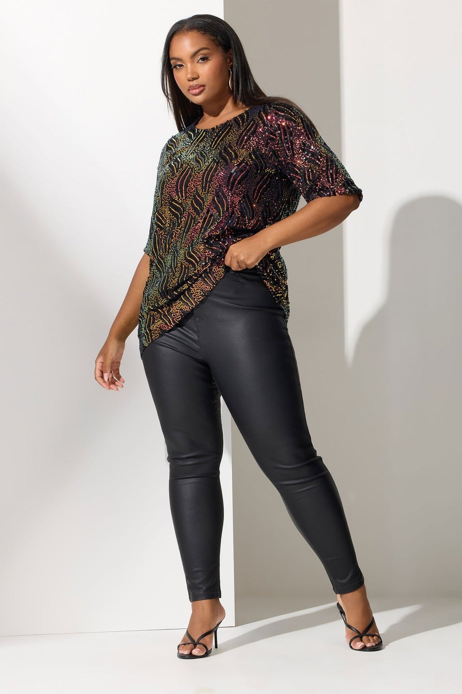 Yours London Curve Black Abstract Sequin Bow Back Top