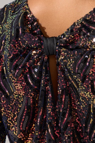 Yours London Curve Black Abstract Sequin Bow Back Top