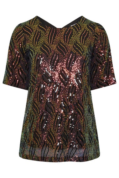 Yours London Curve Black Abstract Sequin Bow Back Top