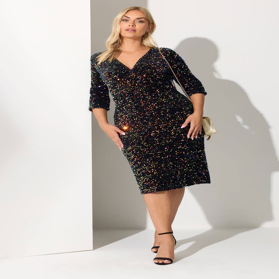 Yours London Curve Black Multicoloured Sequin Velvet Midi Dress