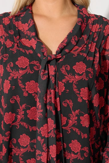 Yours London Black Floral Pintuck Bow Tie Blouse