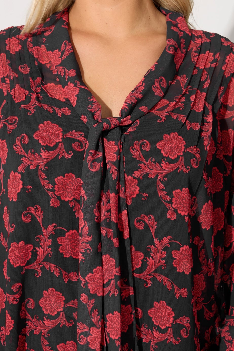 Yours London Black Floral Pintuck Bow Tie Blouse