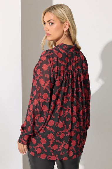 Yours London Black Floral Pintuck Bow Tie Blouse